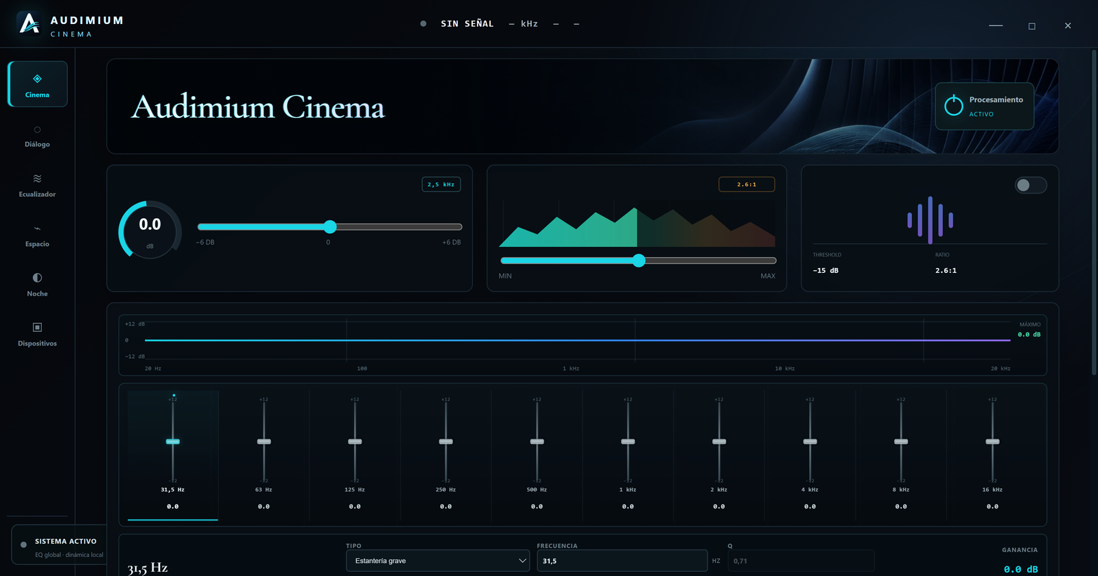 Interfaz de Audimium Cinema 0.7.5 con ecualizador, control de diálogo y analizador